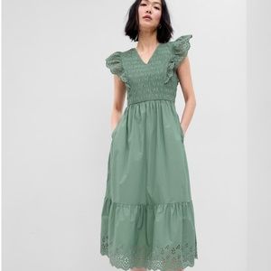 NEW Gap Sage Green Ruffle Sleeve Smocked Midi Dress • Size Small